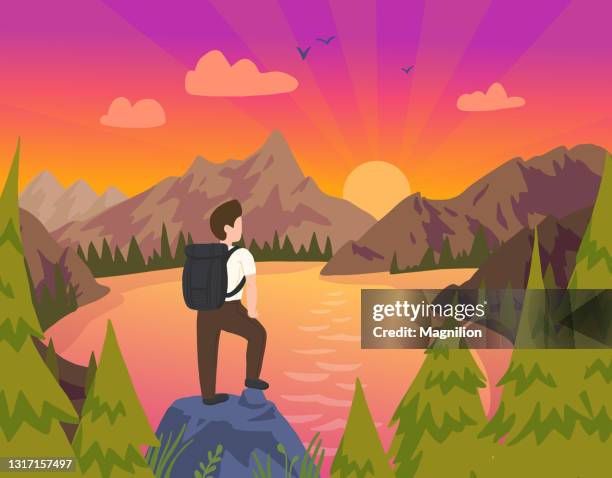 ilustrações de stock, clip art, desenhos animados e ícones de mountain landscape at sunset with man traveling - landscape purple