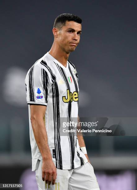 Cristiano Ronaldo of Juventus looks dejected during the Serie A match between Juventus and AC Milan at on May 09, 2021 in Turin, Italy. Sporting...