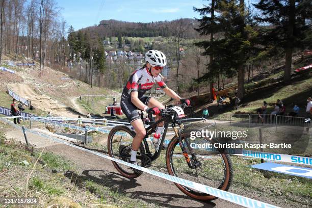 Loana Lecomte of France competes in Cross-Country Olympic Women Elite race during UCI Mountain Bike World Cup on May 09, 2021 in Albstadt, Germany.