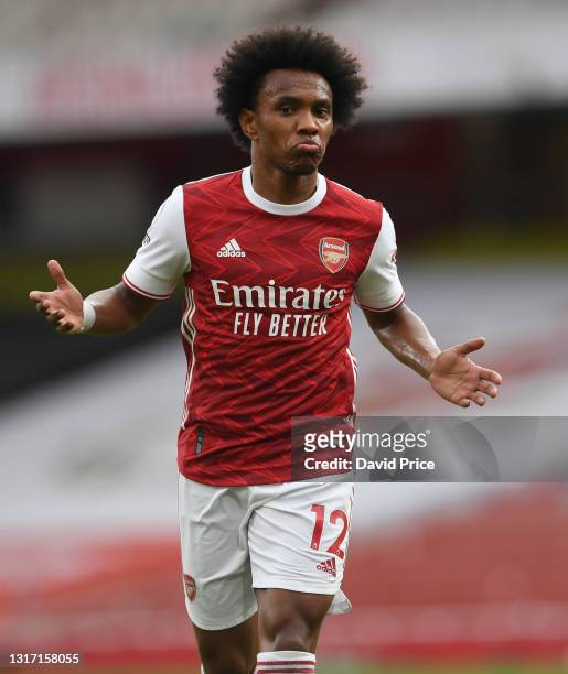 Willian of Arsenal during the Premier League match between Arsenal and West Bromwich Albion at Emirates Stadium on May 09, 2021 in London, England....