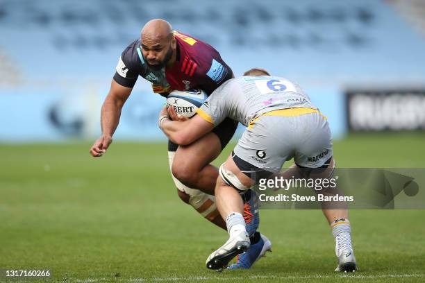 Paul Lasike of Harlequins is tackled by Brad Shields of Wasps during the Gallagher Premiership Rugby match between Harlequins and Wasps at Twickenham...
