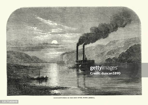 flussboote auf dem ohio river, amerika, 1860er jahre, 19. jahrhundert - ohio river stock-grafiken, -clipart, -cartoons und -symbole