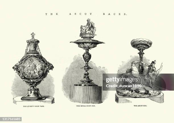 ascot horse racing trophies, queen's gold vase, royal hunt cup, ascot cup - royal ascot 2021 stock illustrations