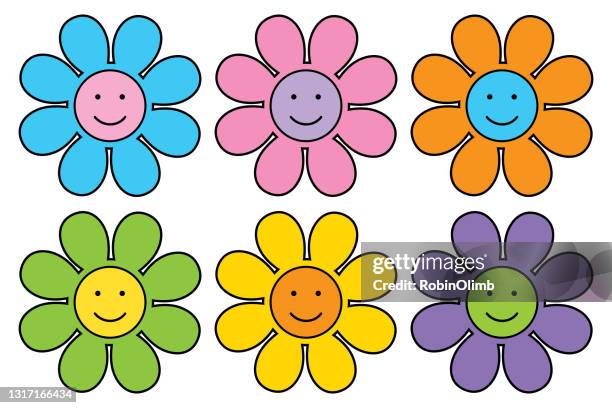 ilustraciones, imágenes clip art, dibujos animados e iconos de stock de seis lindas flores de cara sonriente - hippy