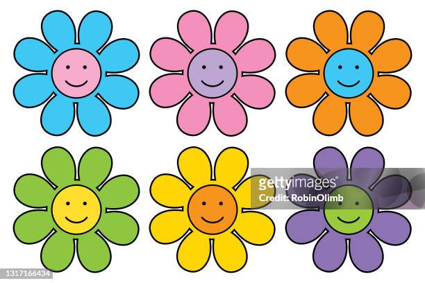 six cute smiley face flowers - smiley faces stock illustrations