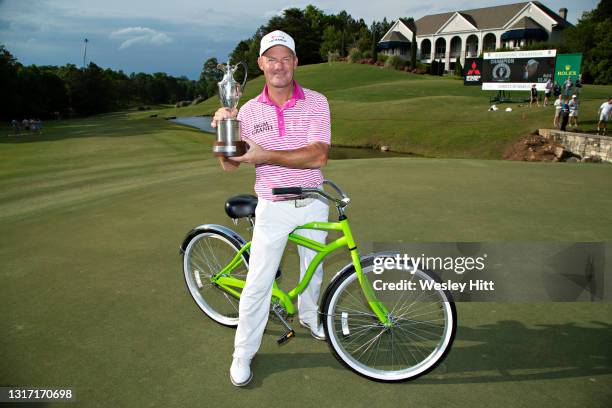 Alex Cejka from Germany poses with the winners trophy as the winner of the Regions Tradition at Greystone Country Club on May 09, 2021 in Birmingham,...