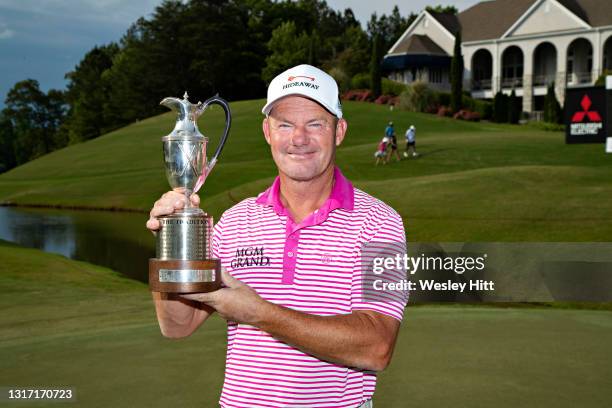 Alex Cejka from Germany poses with the winners trophy as the winner of the Regions Tradition at Greystone Country Club on May 09, 2021 in Birmingham,...