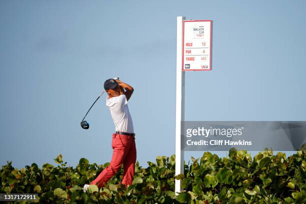 John Pak of Team USA plays his shot from the 18th tee during Sunday singles matches on Day Two of The Walker Cup at Seminole Golf Club on May 09,...