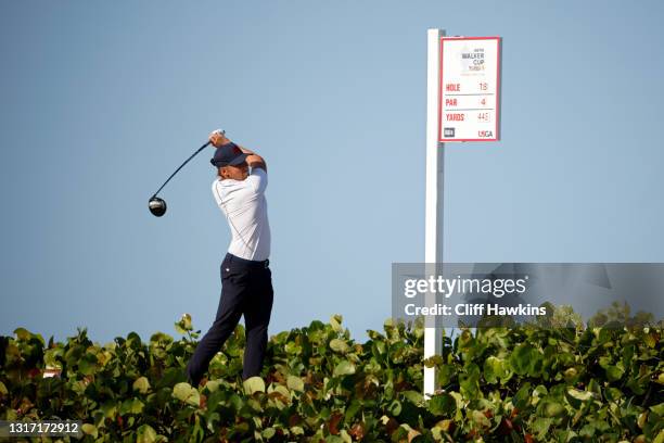 Joe Long of Team Great Britain and Ireland plays his shot from the 18th tee during Sunday singles matches on Day Two of The Walker Cup at Seminole...