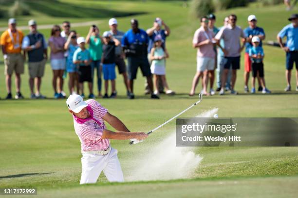 Alex Cejka from Germany hits out of a sand trap on the 18th green during the Regions Tradition at Greystone Country Club on May 09, 2021 in...