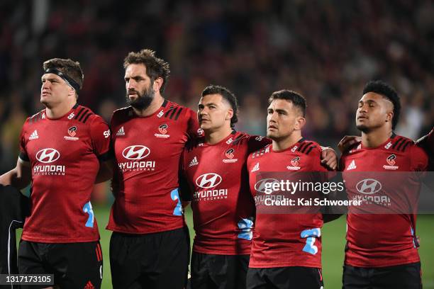 Scott Barrett, Samuel Whitelock, David Havili, Codie Taylor and Leicester Fainga'anuku of the Crusaders line up for the national anthem prior to the...