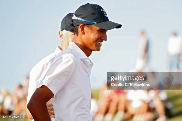 Ricky Castillo of Team USA celebrates with after winning his match during Sunday singles matches on Day Two of The Walker Cup at Seminole Golf Club...