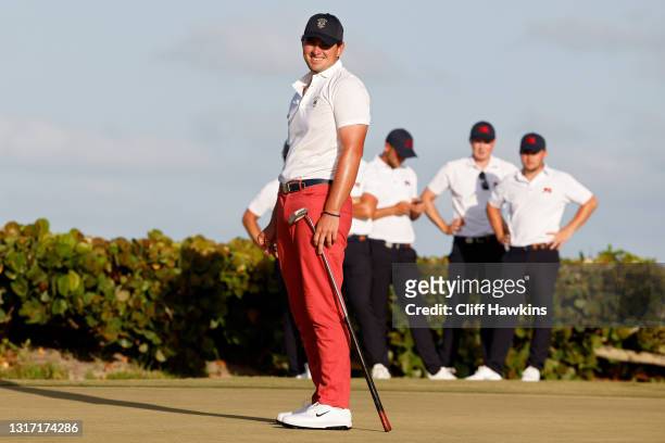 Quade Cummins of Team USA reacts after missing a putt on the 18th green during Sunday singles matches on Day Two of The Walker Cup at Seminole Golf...