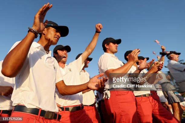 Members of Team USA react during Sunday singles matches on Day Two of The Walker Cup at Seminole Golf Club on May 09, 2021 in Juno Beach, Florida.