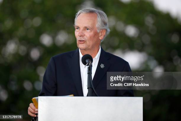 President J. Stuart Francis addresses the crowd on Day Two of The Walker Cup at Seminole Golf Club on May 09, 2021 in Juno Beach, Florida.