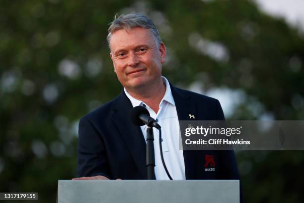 Captain Stuart Wilson of Team Great Britain and Ireland speaks to the crowd on Day Two of The Walker Cup at Seminole Golf Club on May 09, 2021 in...