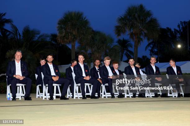 Members of Team Great Britain and Ireland look on during closing ceremonies on Day Two of The Walker Cup at Seminole Golf Club on May 09, 2021 in...