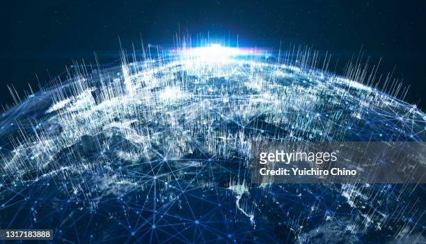 global data and network (world map credit to nasa) - 3d map of asia foto e immagini stock
