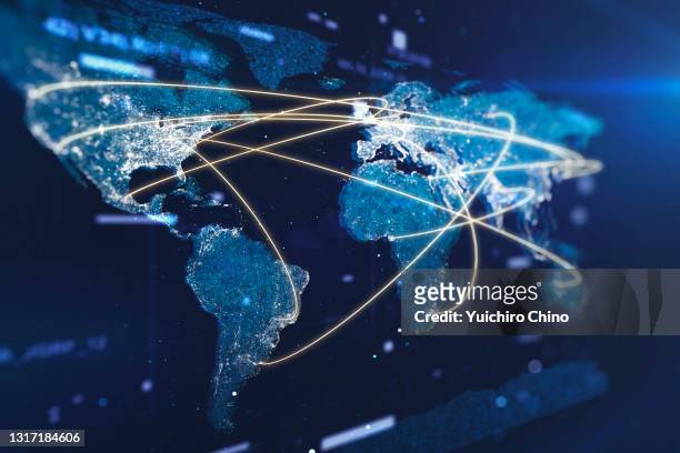 global communication network - world map stock-fotos und bilder