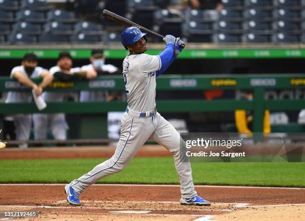 Michael A. Taylor of the Kansas City Royals in action during the game against the Pittsburgh Pirates at PNC Park on April 28, 2021 in Pittsburgh,...