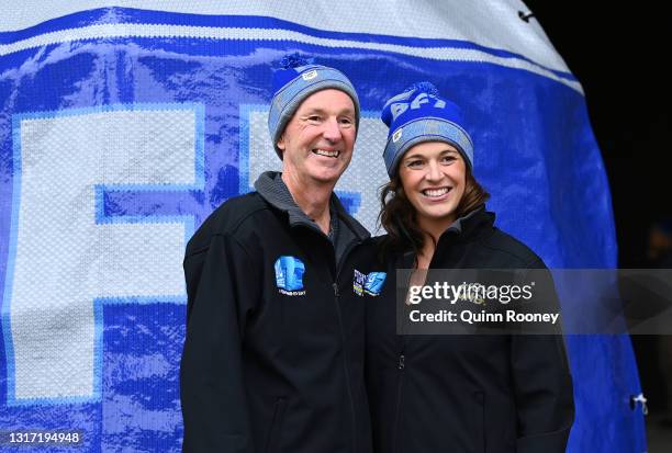 Rebecca Daniher and Neale Daniher pose infront of a giant beanie at the Big Freeze 7 Official Launch at the Melbourne Cricket Ground on May 10, 2021...