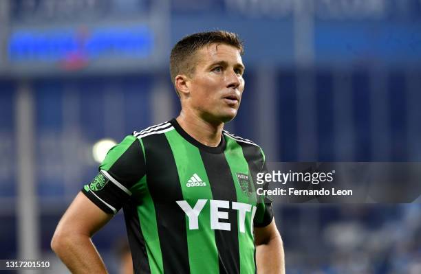 Matt Besler of Austin FC takes a breather during the MLS game between Austin FC and Sporting Kansas City at Children's Mercy Park on May 09, 2021 in...