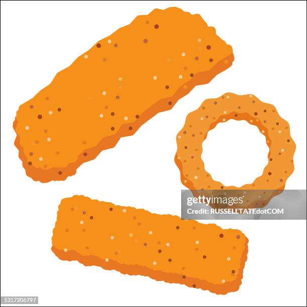 fried crumbed fish and calamari rings - ready to eat stock illustrations