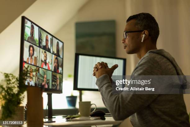 businessman on video call from home office - video conferencia imagens e fotografias de stock