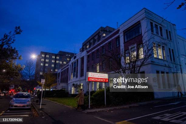 View of Dunedin Public Hospital where the accused assailant remains under police guard on May 10, 2021 in Dunedin, New Zealand. Four people have been...