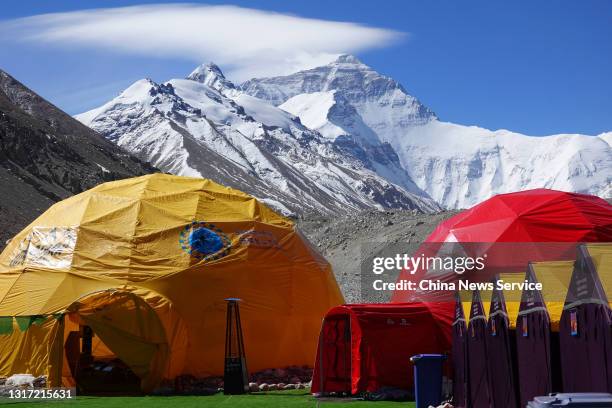 This photo shows the tents in the base camp on the north slope of Mount Qomolangma on May 9, 2021 in Shigatse, Tibet Autonomous Region of China. At...