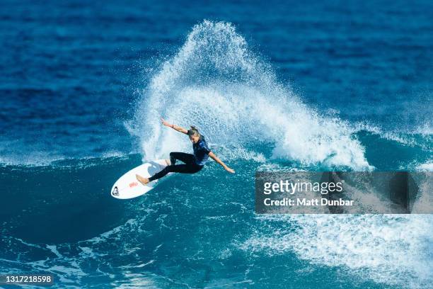 Champion Stephanie Gilmore of Australia surfing in Semifinal 2 of the Boost Mobile Margaret River Pro presented by Corona on May 10, 2021 in Margaret...