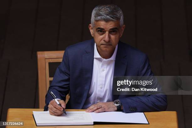 Mayor of London Sadiq Khan attends his swearing in ceremony at Shakespeare's Globe on May 10, 2021 in London, England. Mr Khan won a second term in...