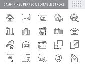 Real estate line icons. Vector illustration include icon - house, insurance, commercial, blueprint, townhouse, keys, shop outline pictogram for property agency 64x64 Pixel Perfect, Editable Stroke