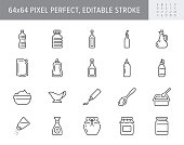 Sauces line icons. Vector illustration include icon - jug, cup, vinegar, mayonnaise, ketchup, sour cream, cheese sauce, outline pictogram for food spice. 64x64 Pixel Perfect, Editable Stroke