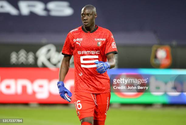 Goalkeeper of Rennes Alfred Gomis during the Ligue 1 match between Stade Rennais and Paris Saint-Germain at Roazhon Park stadium on May 9, 2021 in...