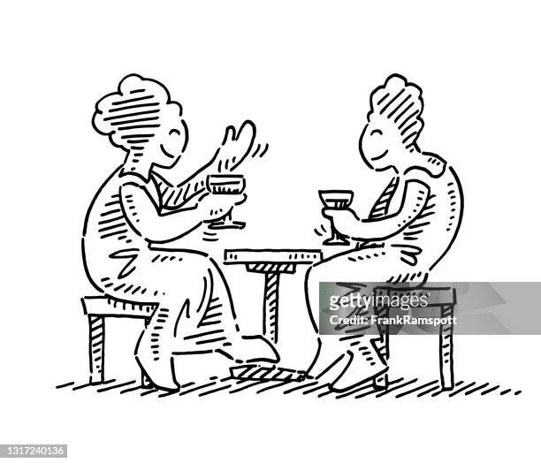 two women talking at coffee table drawing - afterwork stock illustrations