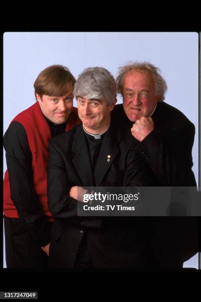 Father Ted actors Ardal O'Hanlon, Dermot Morgan and Frank Kelly in character as Fathers Dougal, Ted and Jack, circa 1998.