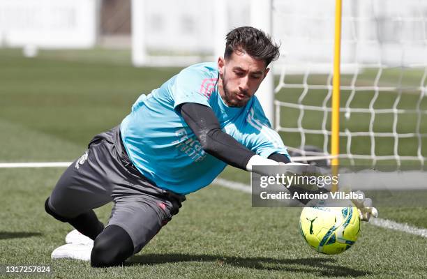 Diego Altube of Real Madrid is training at Valdebebas training ground on May 10, 2021 in Madrid, Spain.