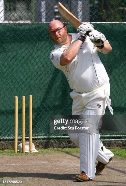 Mail on Sunday Cricket journalist Peter 'Reggie' Hayter in action in the nets facing the bowling of Sri Lanka spin bowler Muttiah Muralitharan at the...