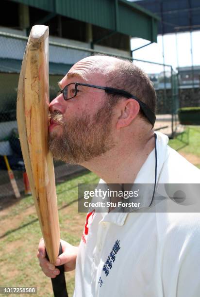 Mail on Sunday Cricket journalist Peter 'Reggie' Hayter pictured in the nets after facing the bowling of Sri Lanka spin bowler Muttiah Muralitharan...