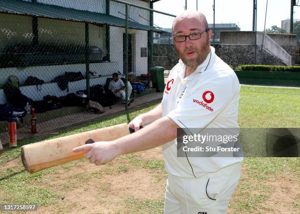 Mail on Sunday Cricket journalist Peter 'Reggie' Hayter pictured in the nets after facing the bowling of Sri Lanka spin bowler Muttiah Muralitharan...