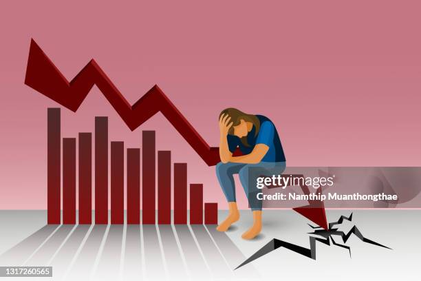 business goes down illustration concept shows a woman feels sad when she has to close her business because the covid-19 disease pandemic affects the business on falling down. - woman collapsing stock pictures, royalty-free photos & images