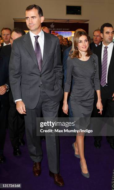 Crown Prince Felipe of Spain and Crown Princess Letizia of Spain visit the 'World Travel Market' international tourism fair at the ExCeL exhibition...