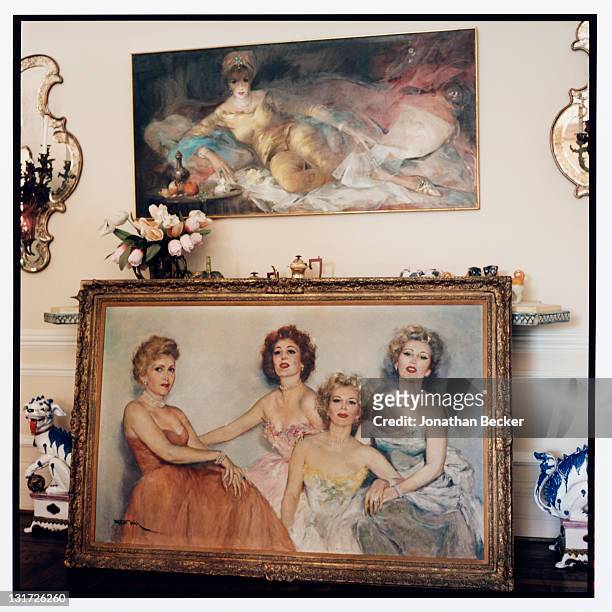 Painting of actress Zsa Zsa Gabor with mother Jolie Gabor and sisters Magda Gabor and Eva Gabor is photographed in her home for Vanity Fair Magazine...