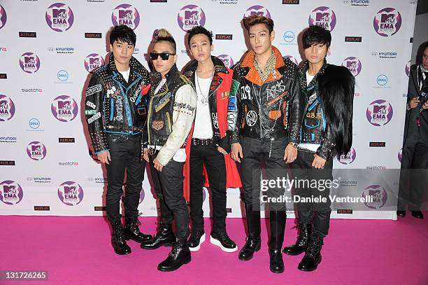 Seungri, G-Dragon, Taeyang, T.O.P, Daesung attends the 'MTV Europe Music Awards 2011' at Odyssey Arena on November 6, 2011 in Belfast, Northern...