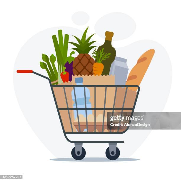 warenkorb voller lebensmittel-kauf produkte. lebensmittel und getränke. - shopping cart groceries stock-grafiken, -clipart, -cartoons und -symbole