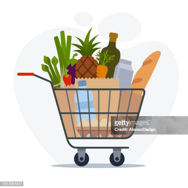 ilustrações, clipart, desenhos animados e ícones de carrinho de compras produtos completos de compra de supermercado. comidas e bebidas. - shopping cart