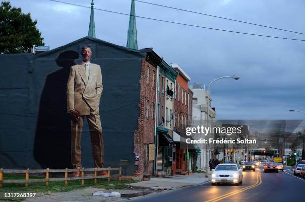 Mural illustrating famous retired American basketball player Julius Erving, aka Dr. J, painted within the "Mural Art Program" which began in 1984....
