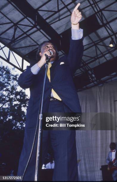 September1997: MANDATORY CREDIT Bill Tompkins/Getty Images Al Sharpton speaking prior to the James Brown concert during the Central Park Summerstage...