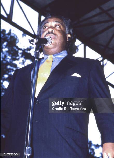 September1997: MANDATORY CREDIT Bill Tompkins/Getty Images Al Sharpton speaking prior to the James Brown concert during the Central Park Summerstage...